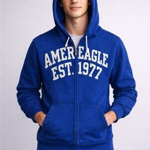 American Eagle Royal Blue Zip-Up Hoodie Logo Graphic Sweatshirt Size XS Y2K